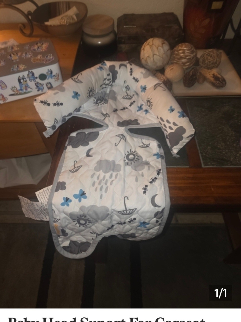 Baby Head Support Insert - White with Gray and Blue Weather Print